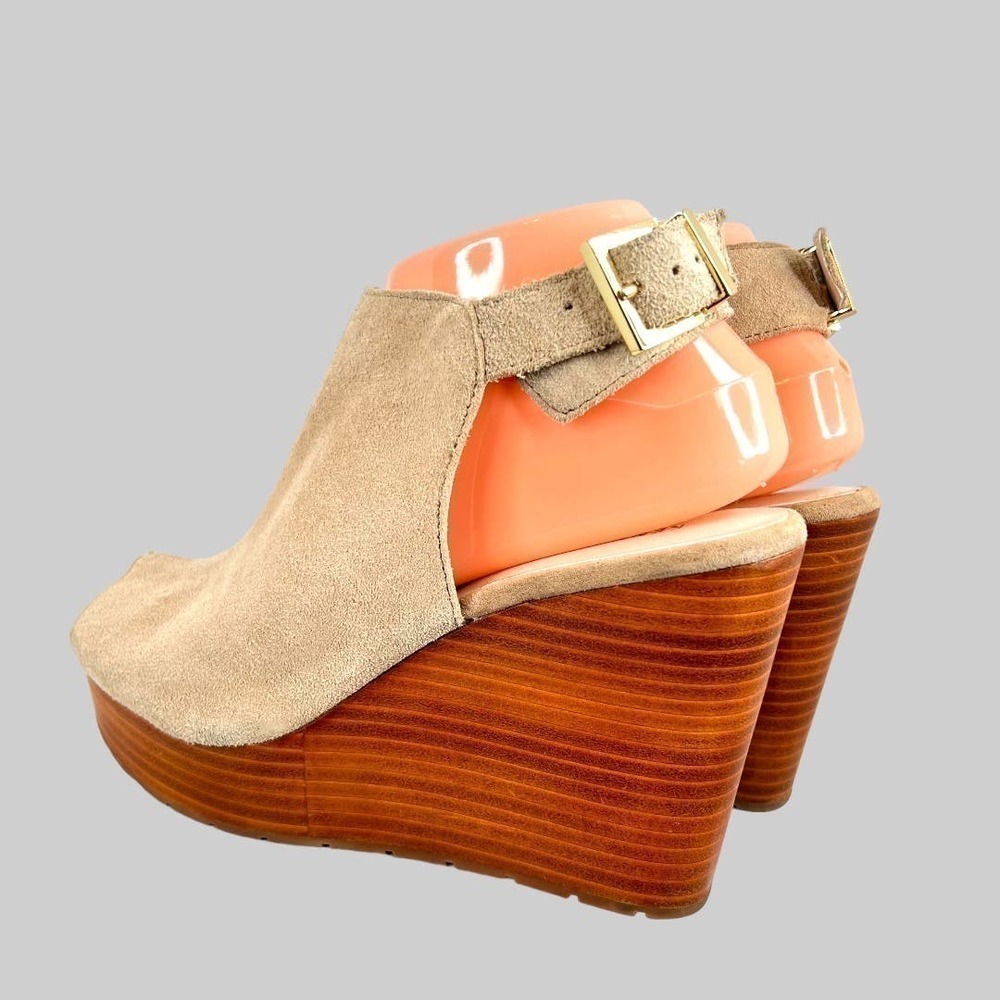 Kenneth Cole NY Suede Open Toe Sandals with Wedge Heels in Beige Women's 8.5